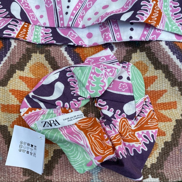 Zara PRINTED LINEN BLOUSE W/ SCRUNCHIE Women’s Size XS - Picture 4 of 6